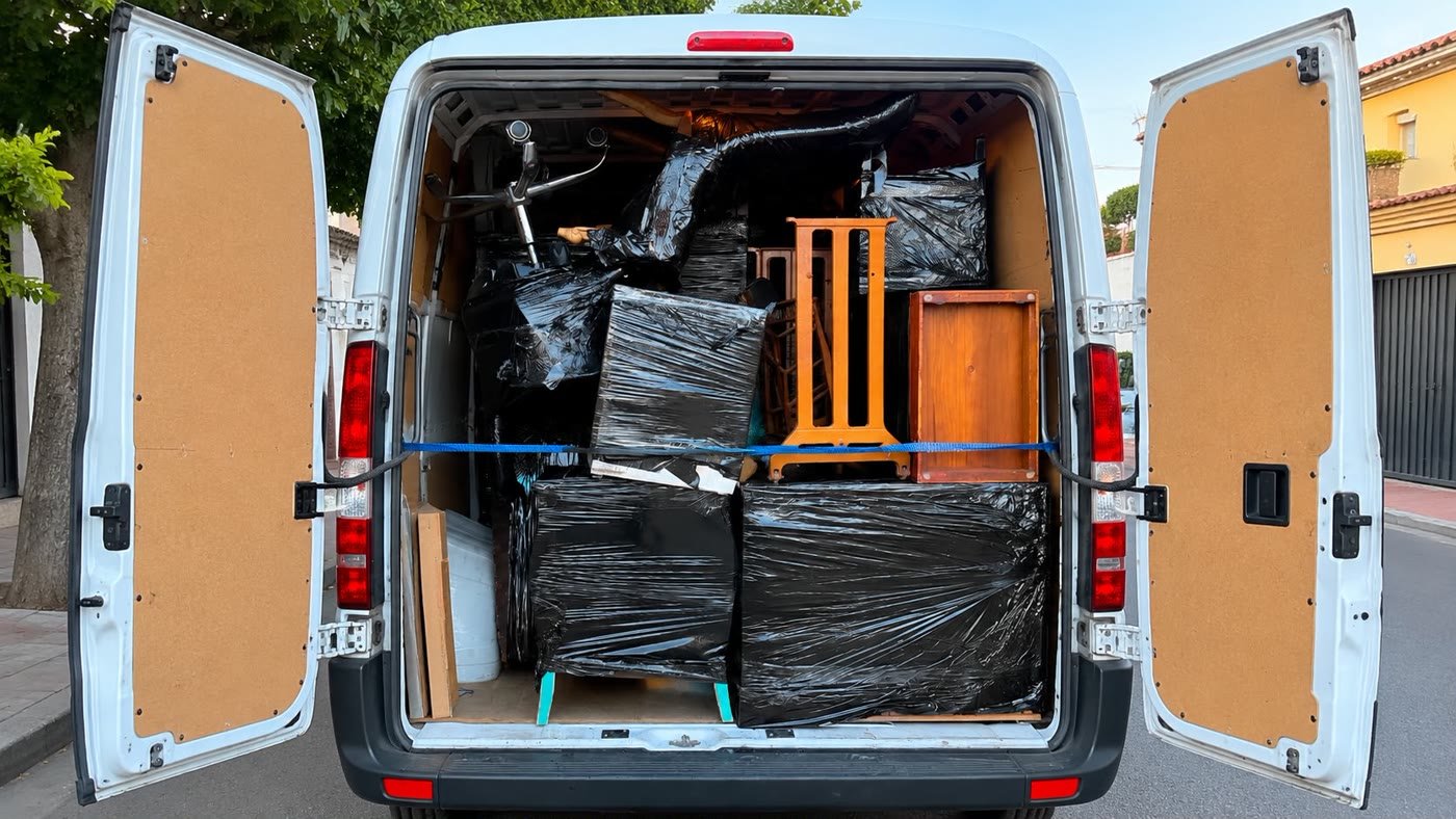 Furgoneta de La Fe con muebles sujetos para el transporte